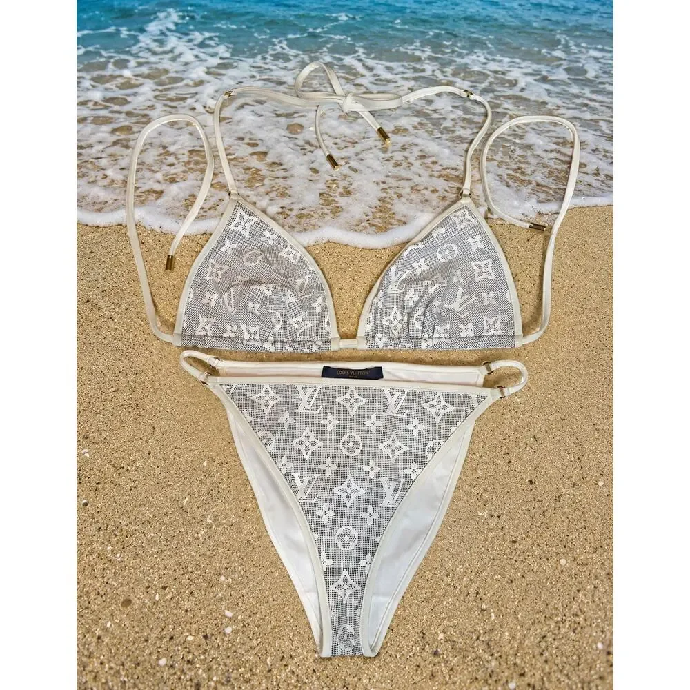 Louis Vuitton Gray White Monogram Triangle Bikini Set Top 38 Bottom 36 Small LTD